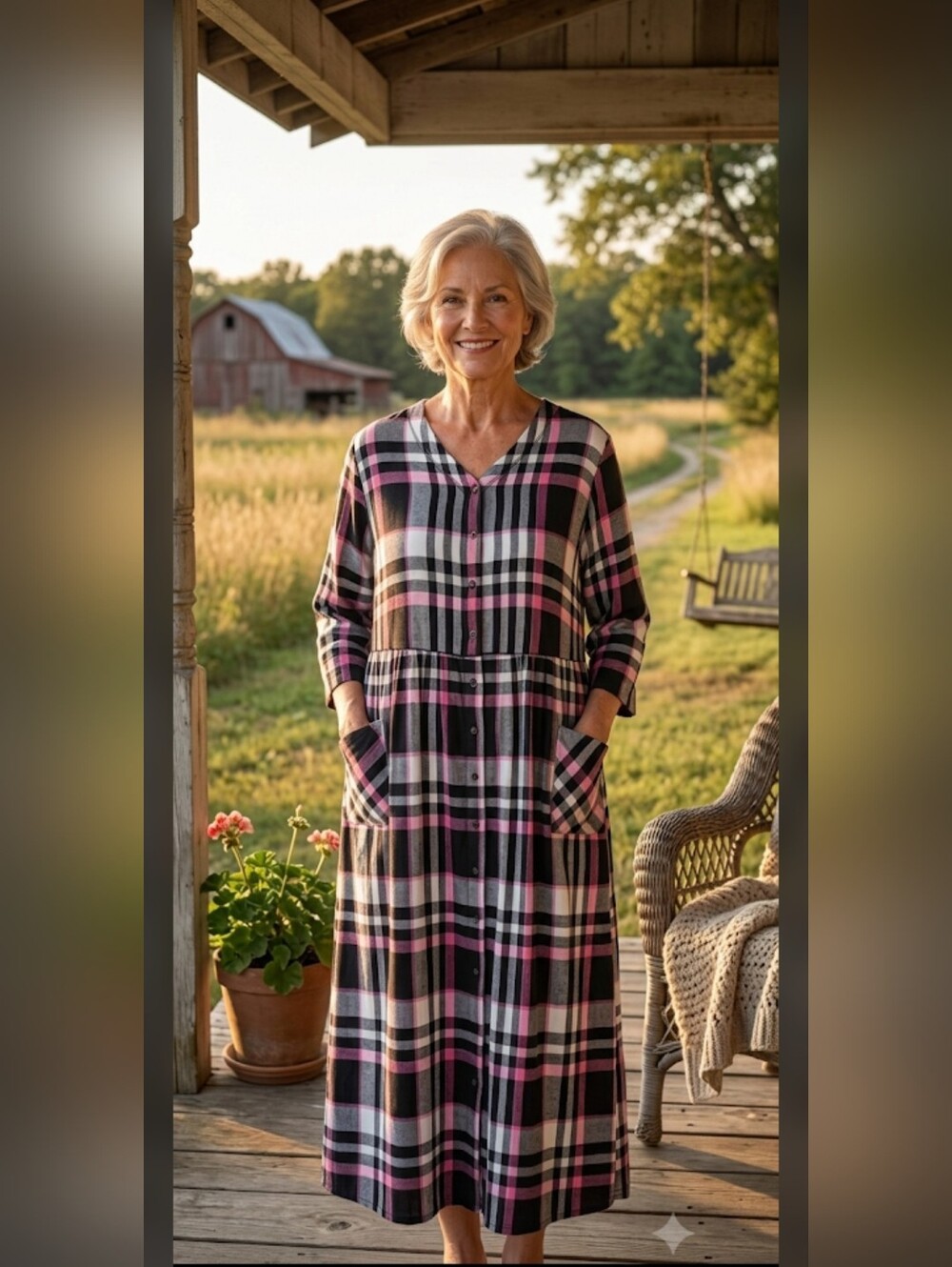 Only Necessities Plaid Snap-Front Maxi House Dress Lounger with Pockets, Size M
